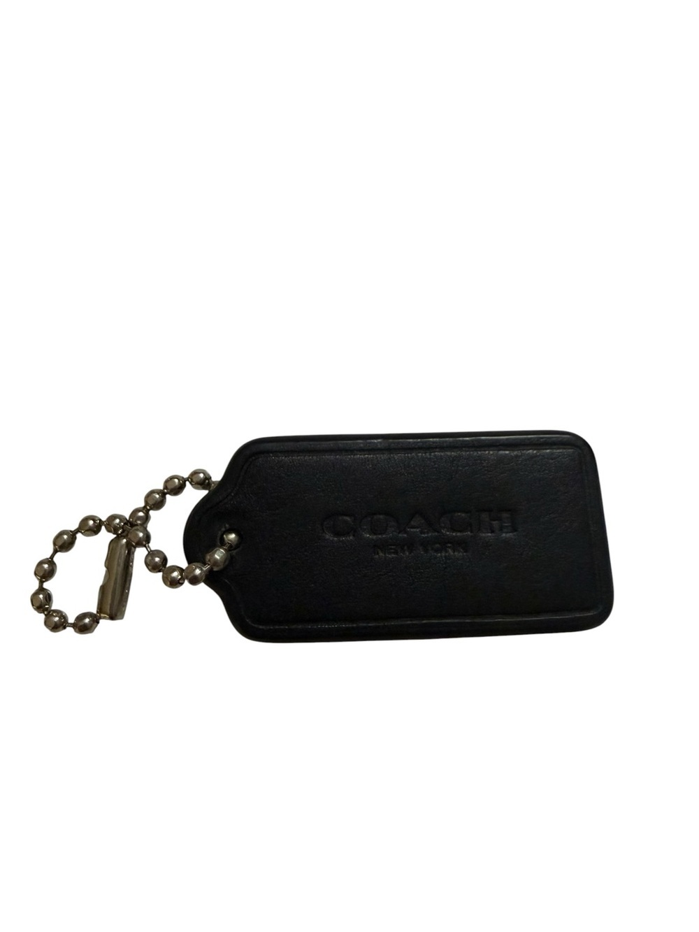 Coach Black Leather Logo Tag Keychain with Metal Ball Chain